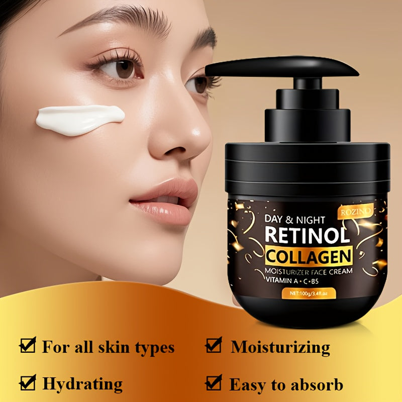 [ROZINO Retinol Face Cream] ROZINO 100g Retinol & Collagen Moisturizing Face Cream | Hydrating & Firming Face Moisturizer with Vitamin C & Hyaluronic Acid, Hypoallergenic, Day & Night Use, Black Press-Top Can, Skincare